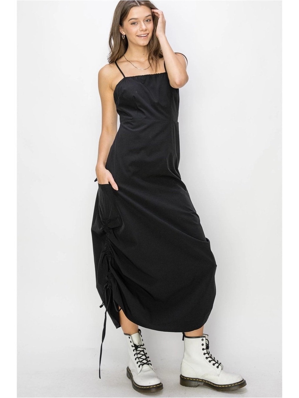 Hyfve Drawstring Adjustable Black Maxi Cargo Dress w/ Pockets Side Zip NWT
